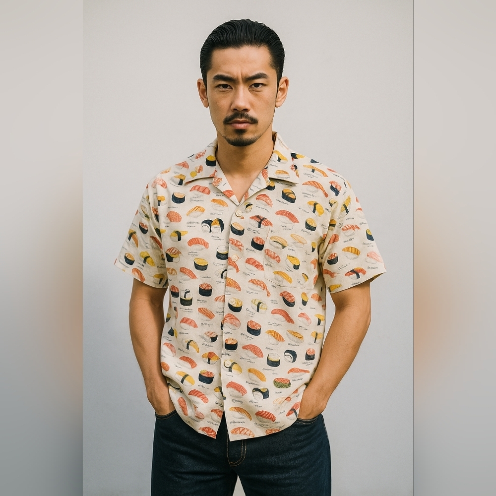 Vintage 90s 3rd Rail Sushi Print Button Up Shirt Size M Third Rail
